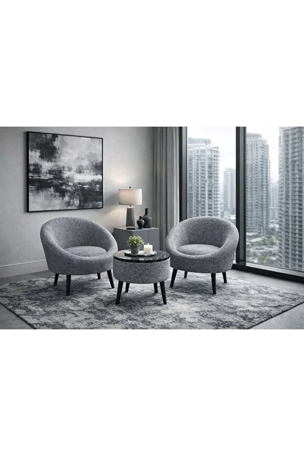 LİDA Keten Gri İkili Berjer Seti SİYAH MERMER DESEN ÖZEL SEHPALI